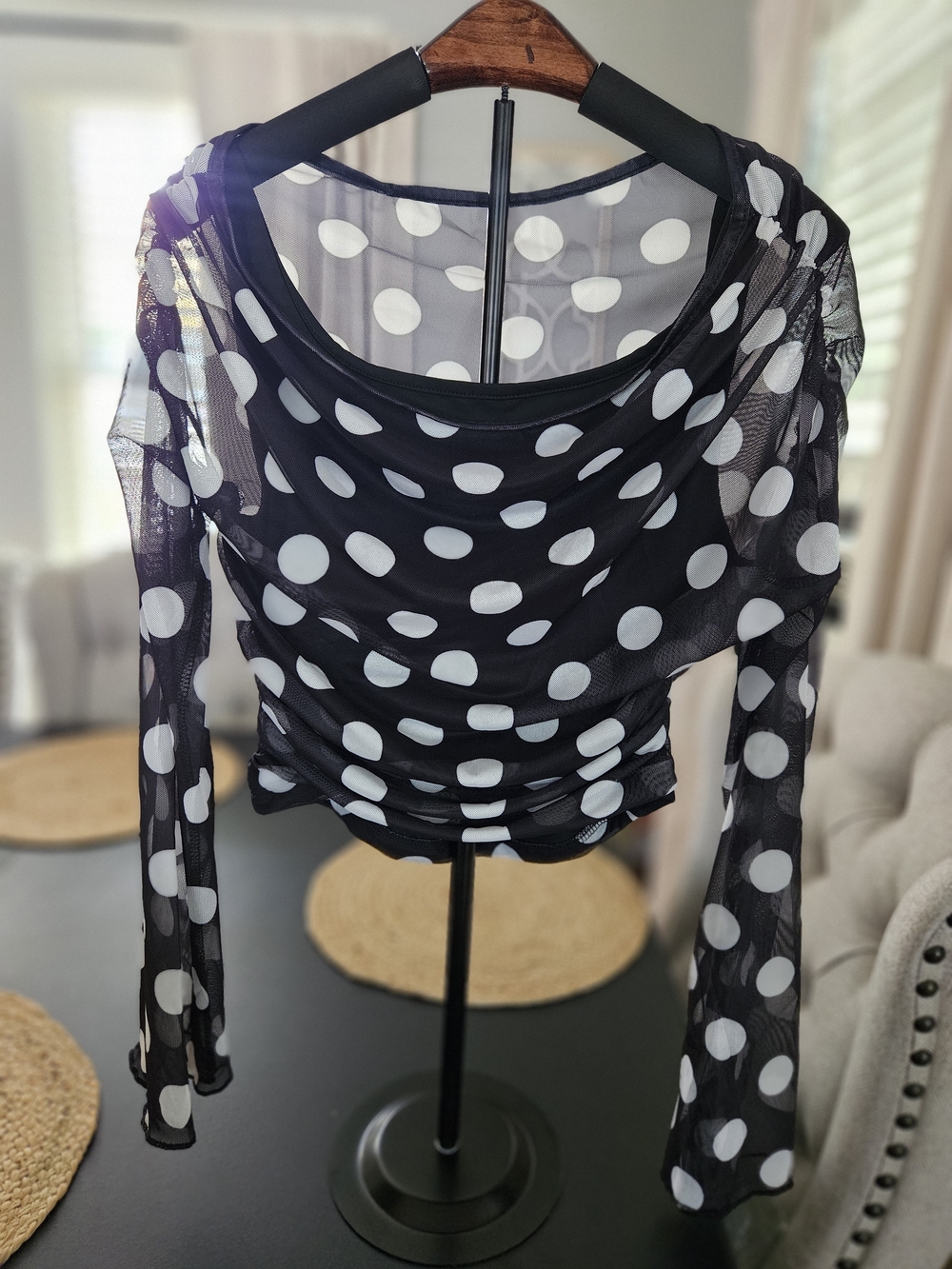 Amazon Essentials Black and White Polka Dot Mesh Long-Sleeve Top